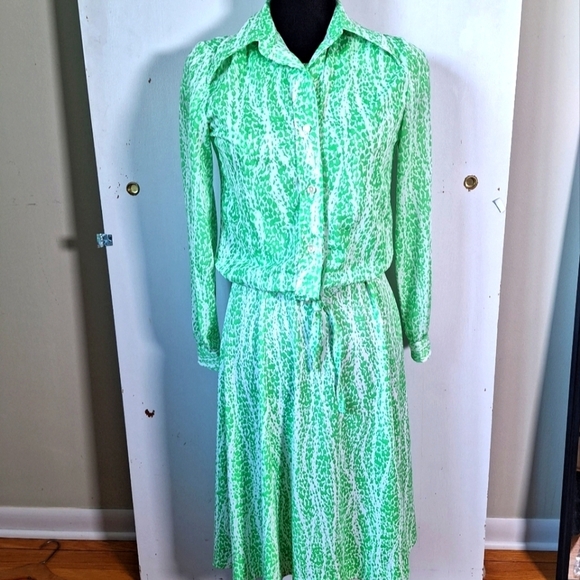 Vintage 70s Green Op Art Dress Set Medium - Picture 6 of 7